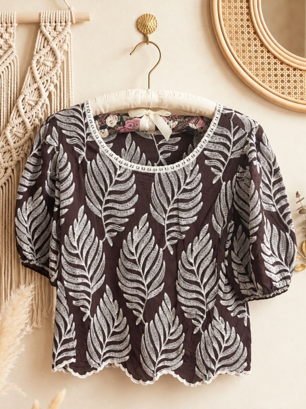 Solitaire Brown Embroidered Leaf Pattern Women's Top